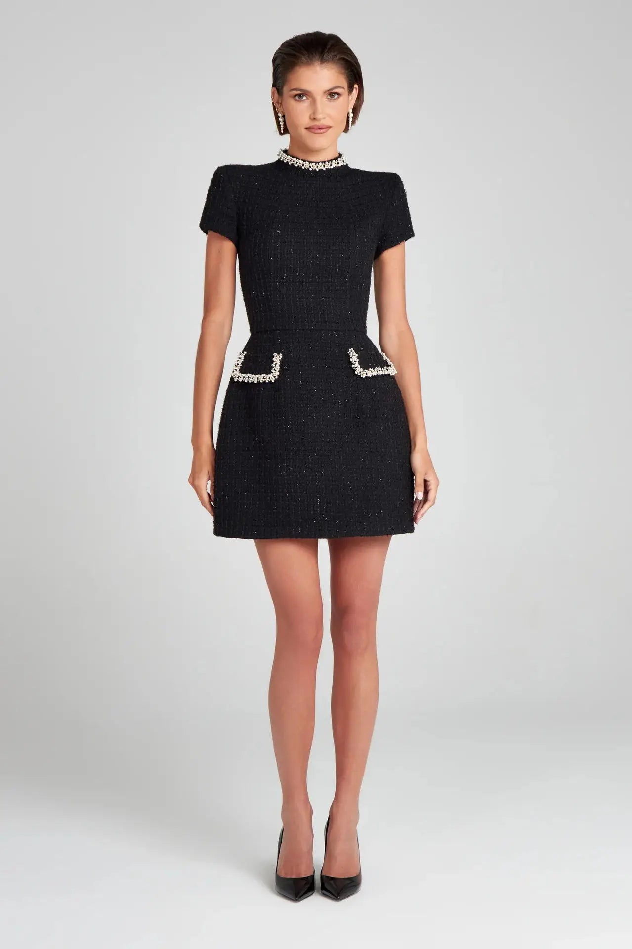 Tweed Solid Beaded Seam Mini Dress