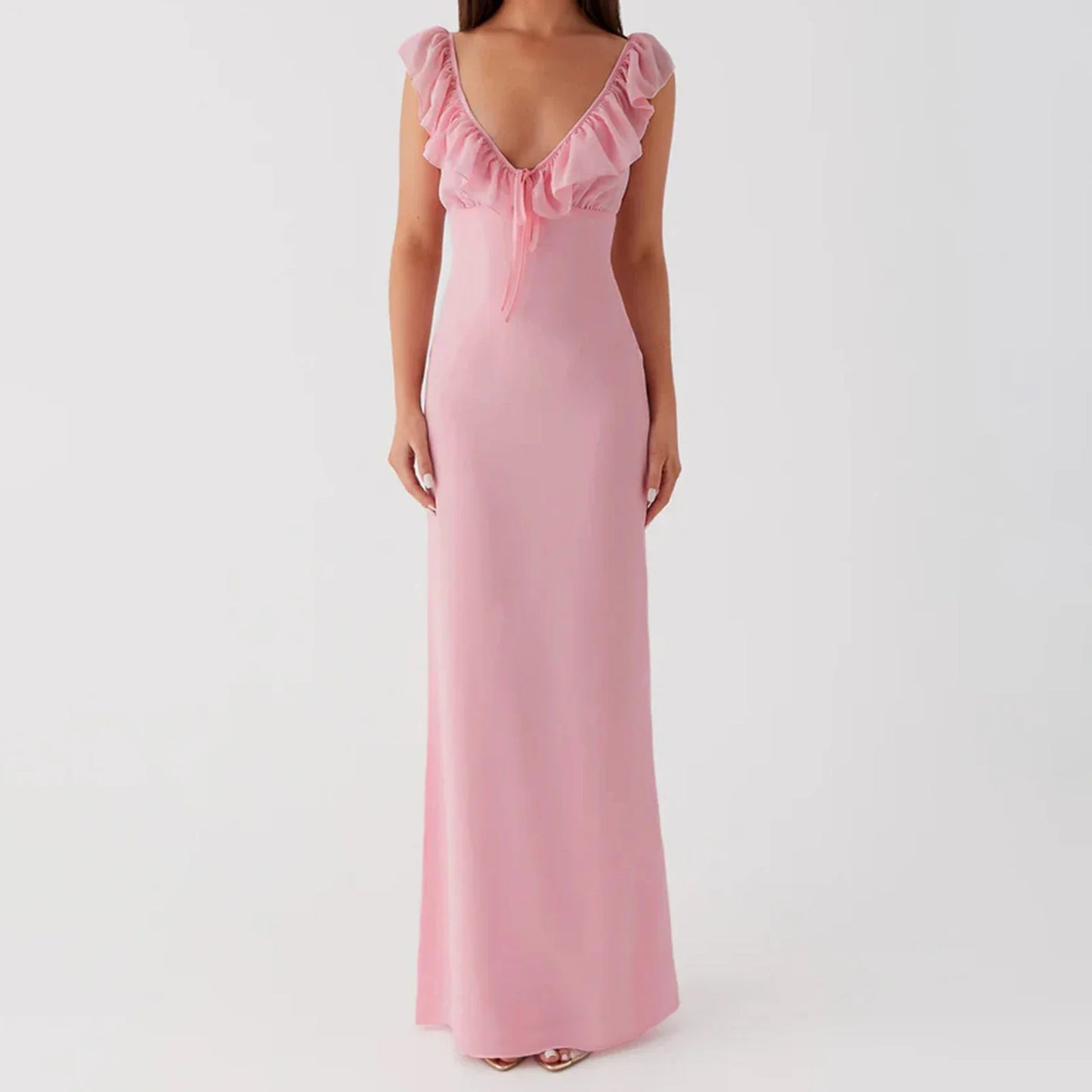 Ruffle Trim V Neck Maxi Dress