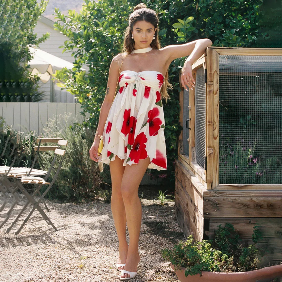 Frill Halter Around Neck Strapless Mini Dress