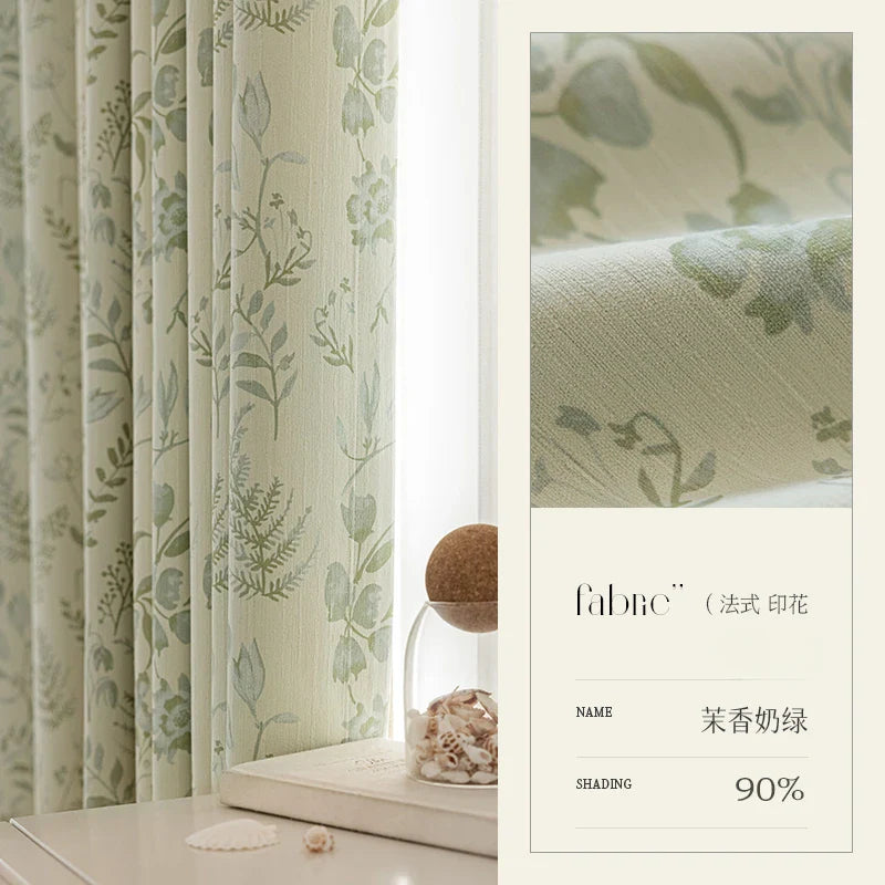 French Living Room Curtains Floral Pattern Bedroom Decoration Curtains Green Home Curtain Blackout Sun Protection Study Curtain