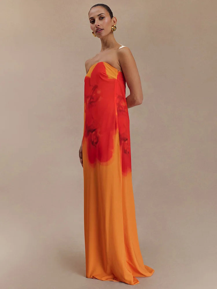 Orchid Floral Print Strapless Straight Maxi Dress