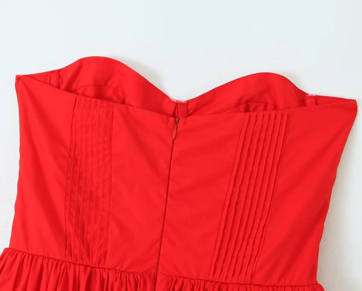 Red Bustier Pleated Flare Midi Dress
