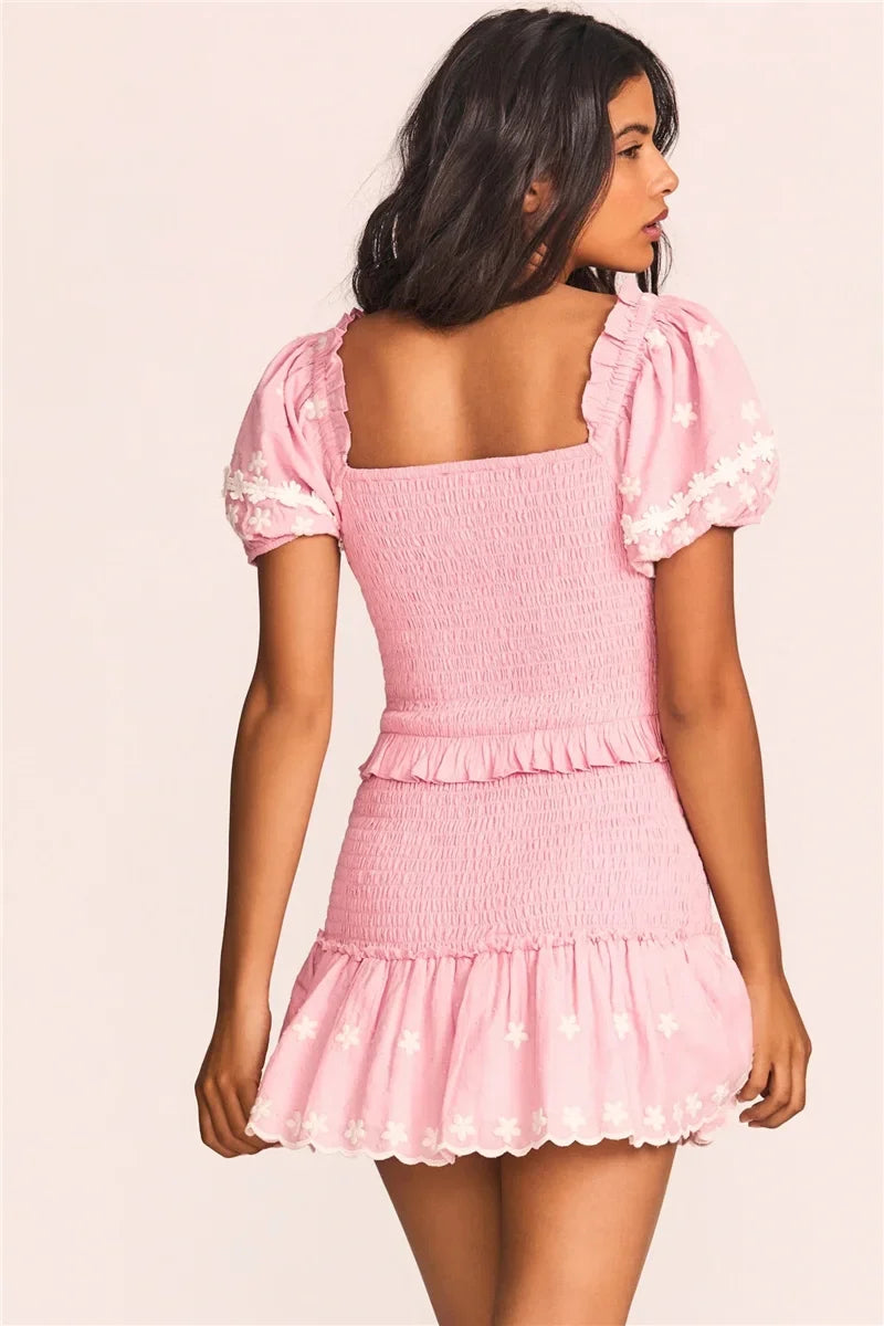 Pink Short Sleeve Elastic Mini Dress