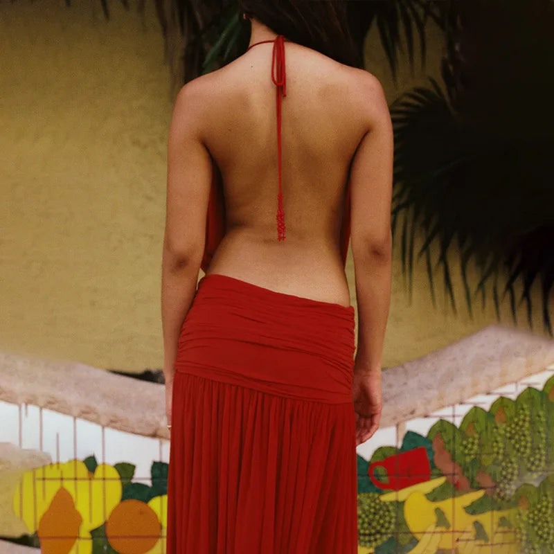 Deep Open Back Sheer Halter Maxi Dress