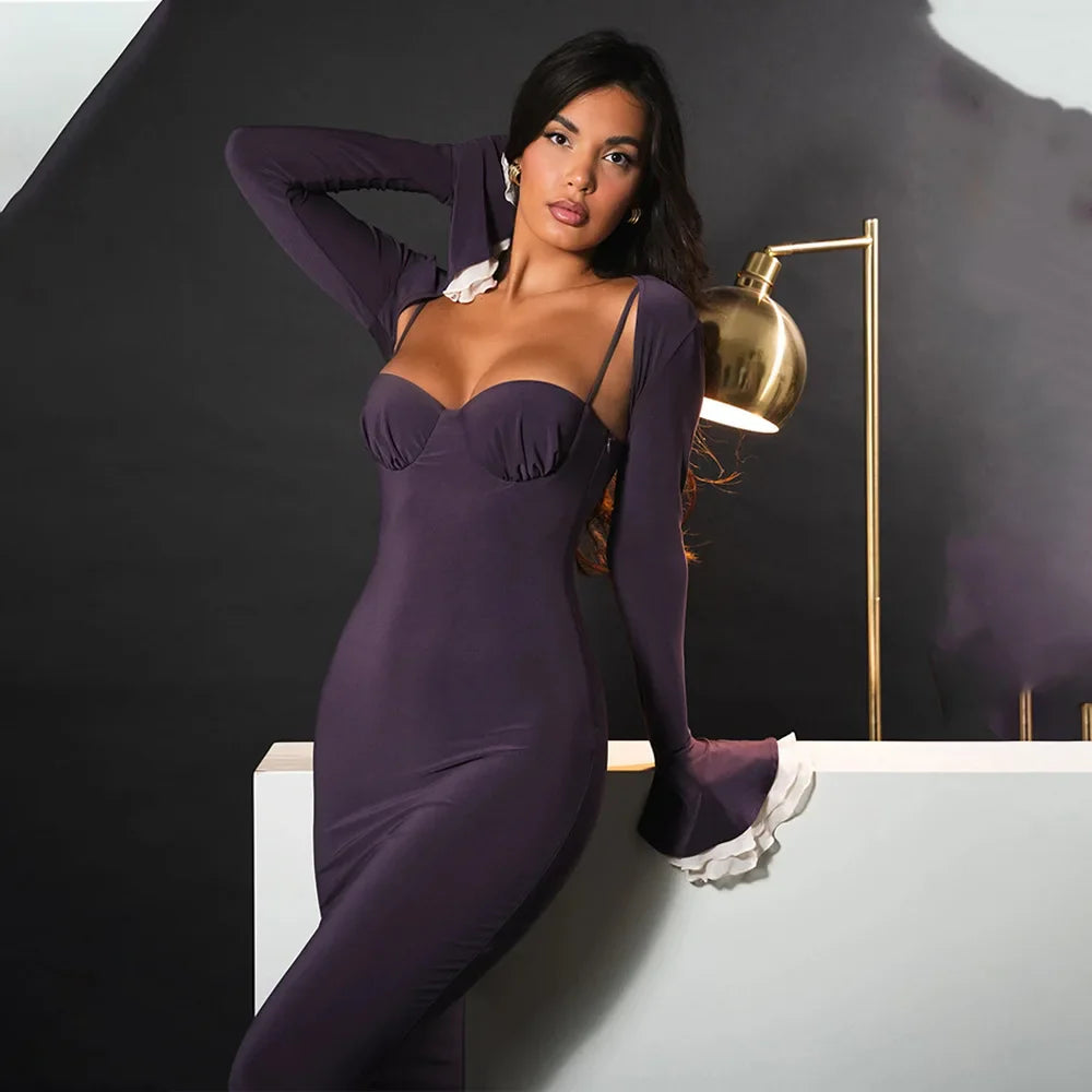 Solid Long Flared Two-piece Crop Sleeve Midi Dress