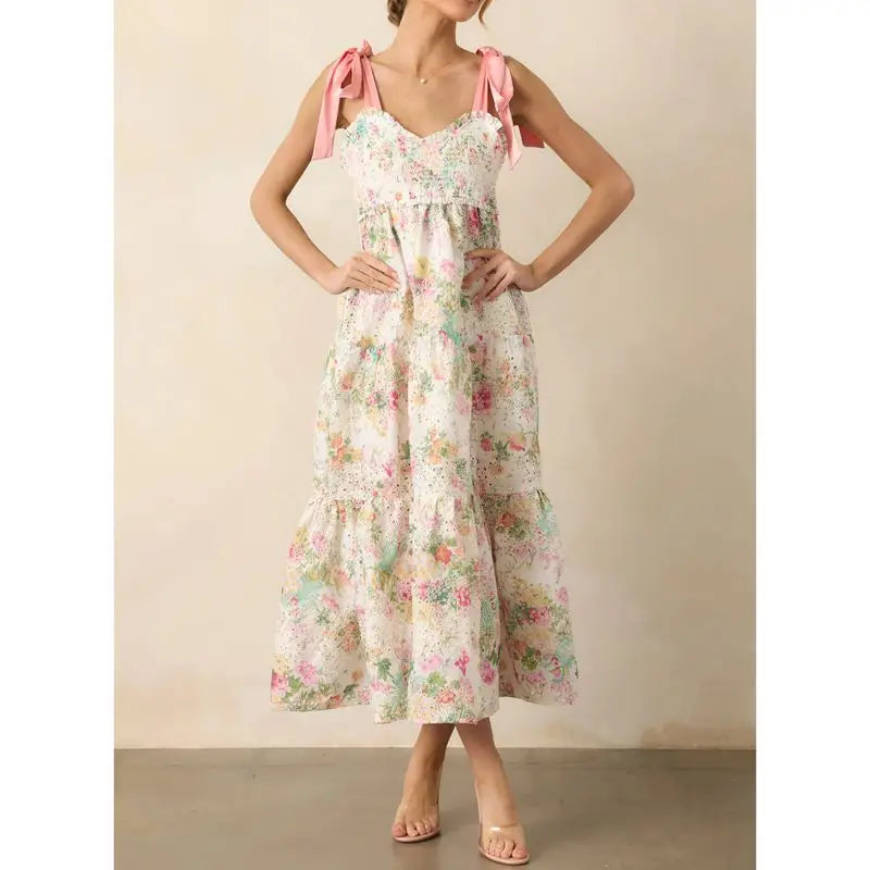 Floral Print Tie Up Smocked A-line Long Dress