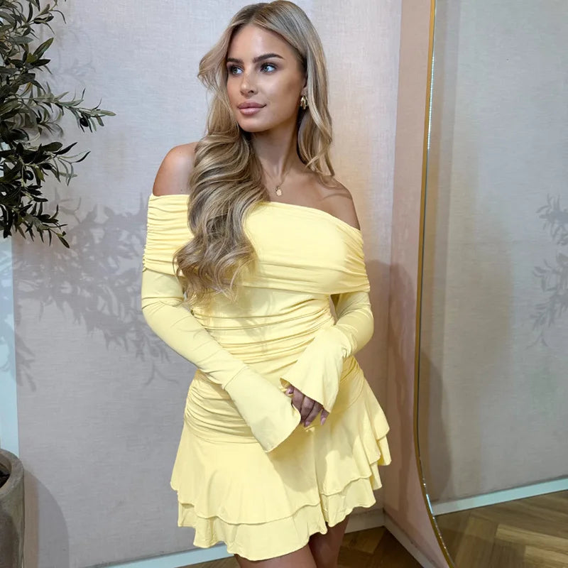 Long Sleeve Off-shoulder Ruched Frill Mini Dress