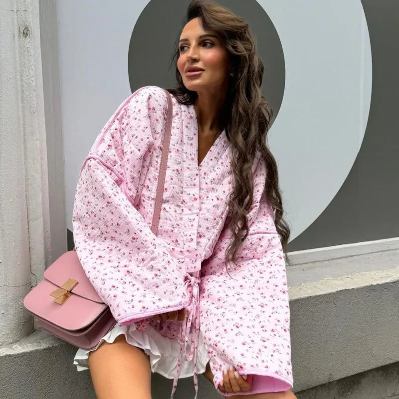 Women's Pink Printed Casual Knit Cardigan - Autumn/Winter Warm