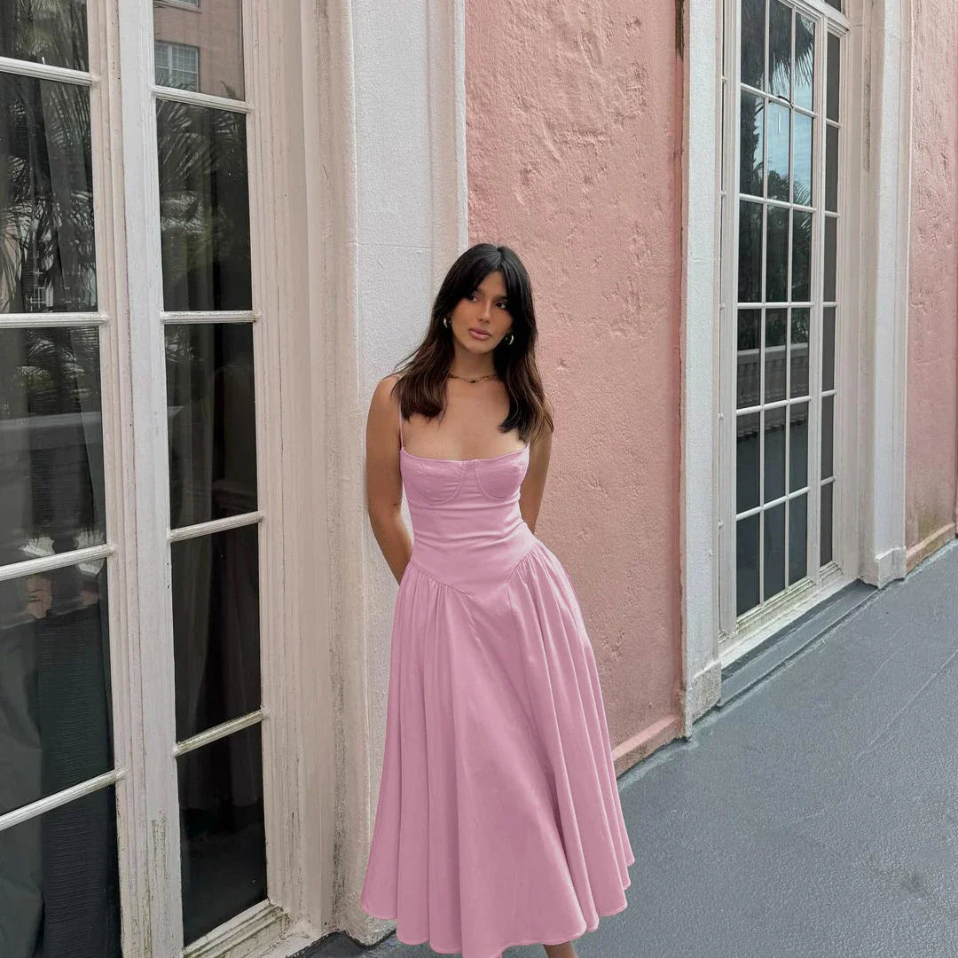Solid Spaghetti Strap Bustier Pleated Midi Dress