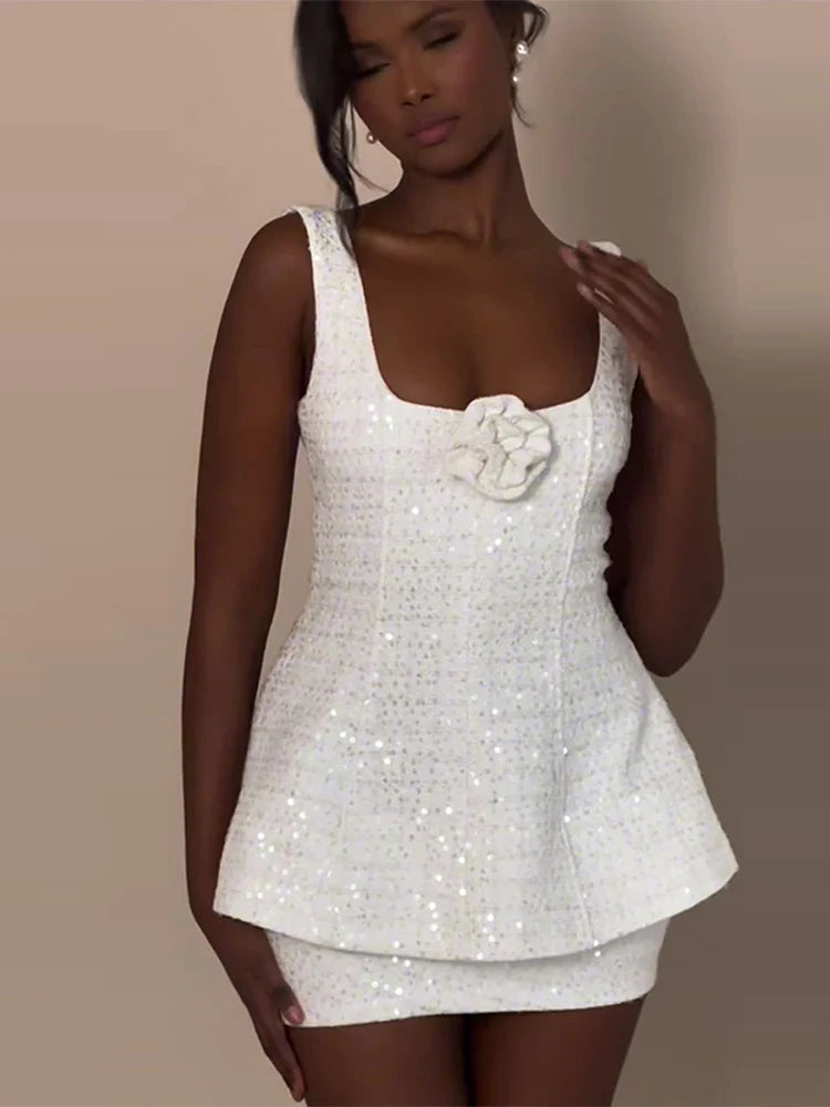 White Tweed Sequin 3D Flower Top And Mini Skirt Set