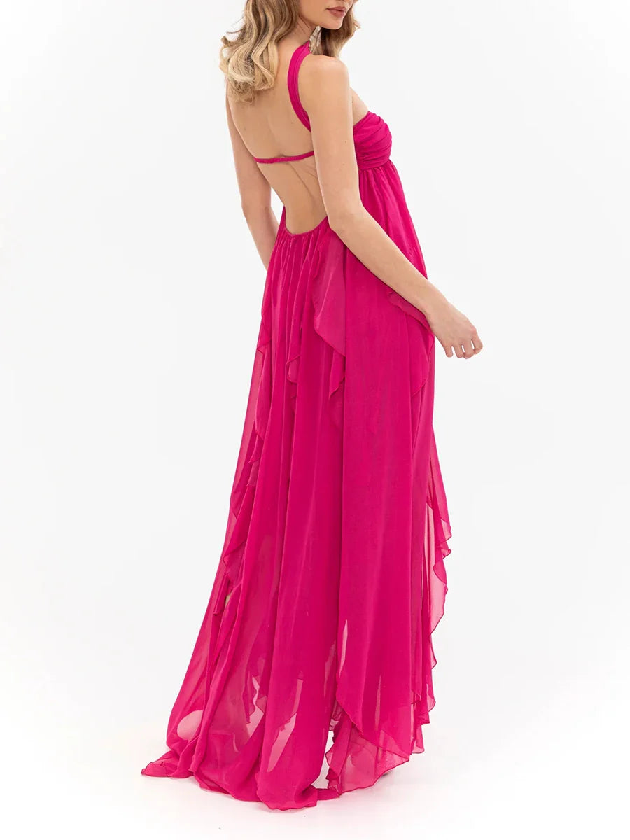 Pink Halter Ribbon Ruffles Frill Midi Dress