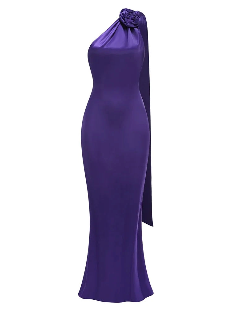Purple Halter Neck 3D Flower Design Backless Long Dress