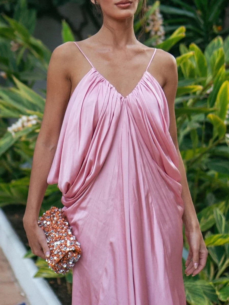 Pink Satin Drape Style Maxi Dress
