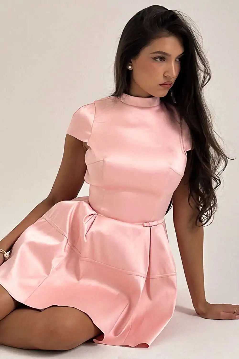 Pink Satin O Neck Cut Back Mini Dress