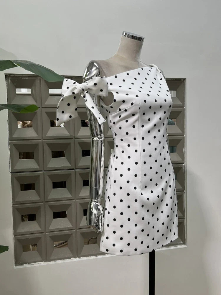 White Polka Dot Tie Up One Shoulder Mini Dress