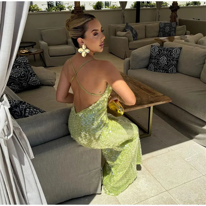 Green Sequin Backless Sling Maxi Dress