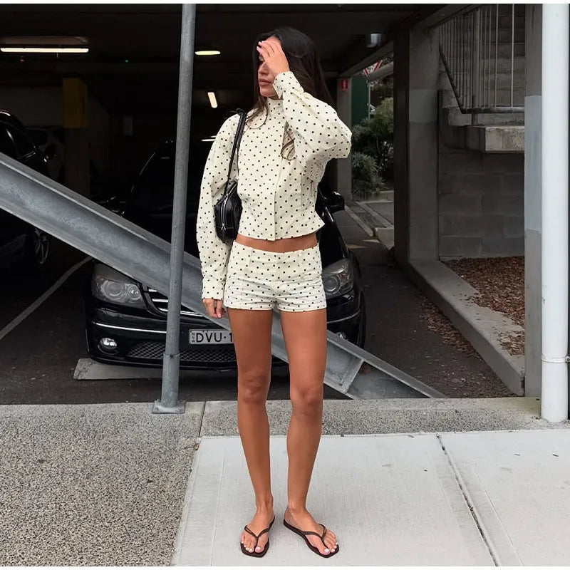 White Polka Dot Zipper Jacket And Shorts Set