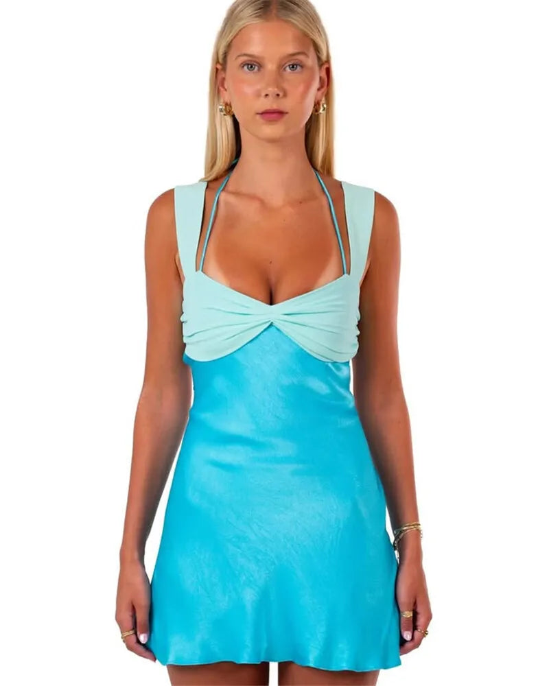 Two Tone Satin Back Lace Up Mini Dress