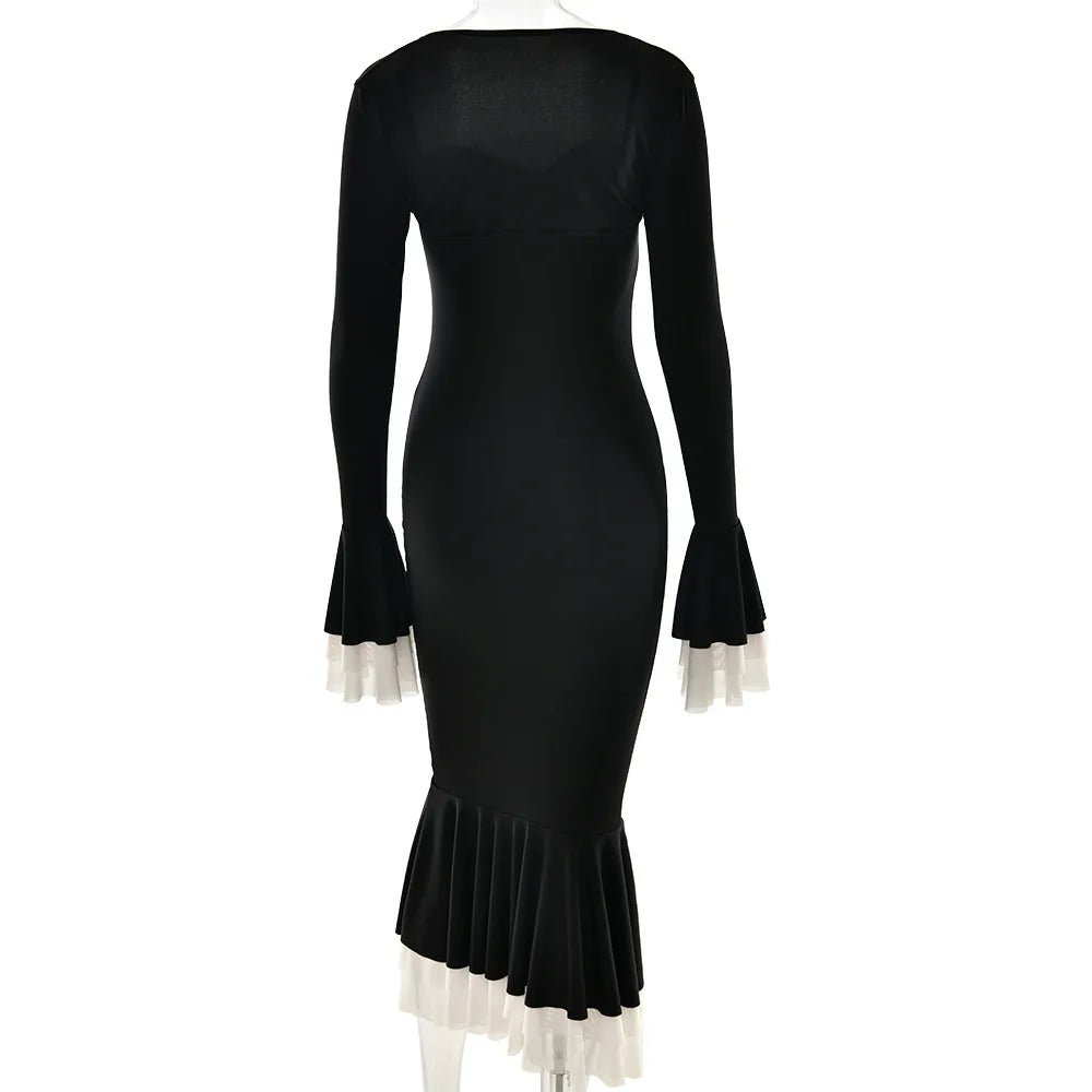 Solid Long Flared Two-piece Crop Sleeve Midi Dress