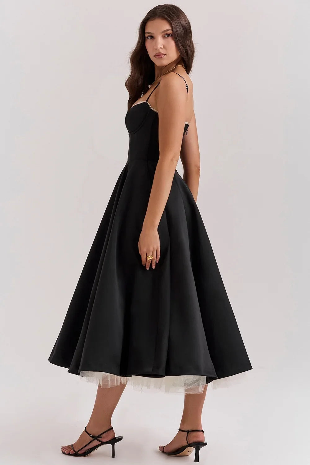 Satin Bustier Strap Tulle Midi Dress