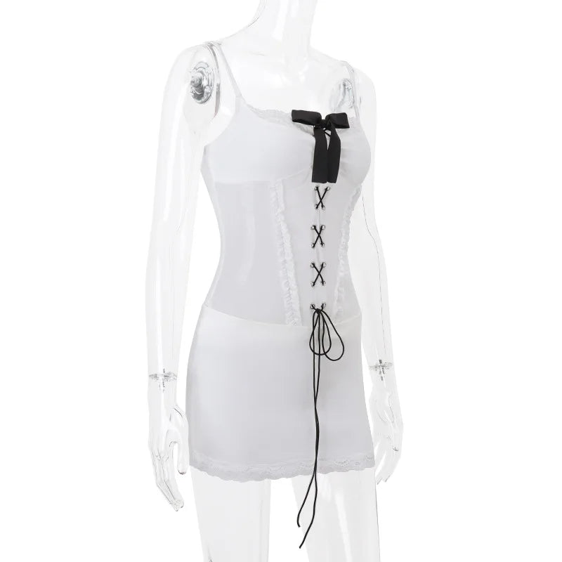 White Bow Lace Up Sheer Mini Dress