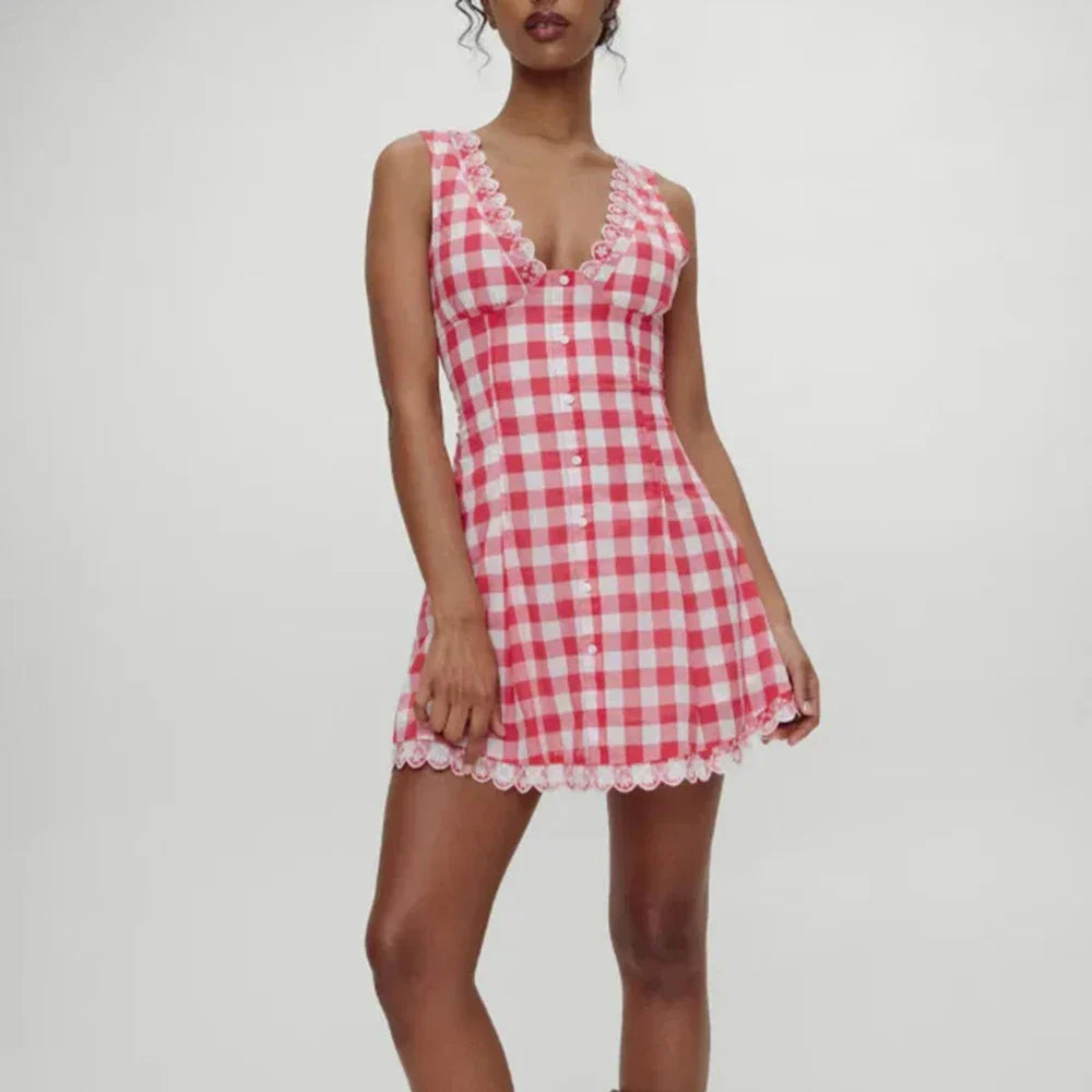 Red Checked V-neck Tank Mini Dress