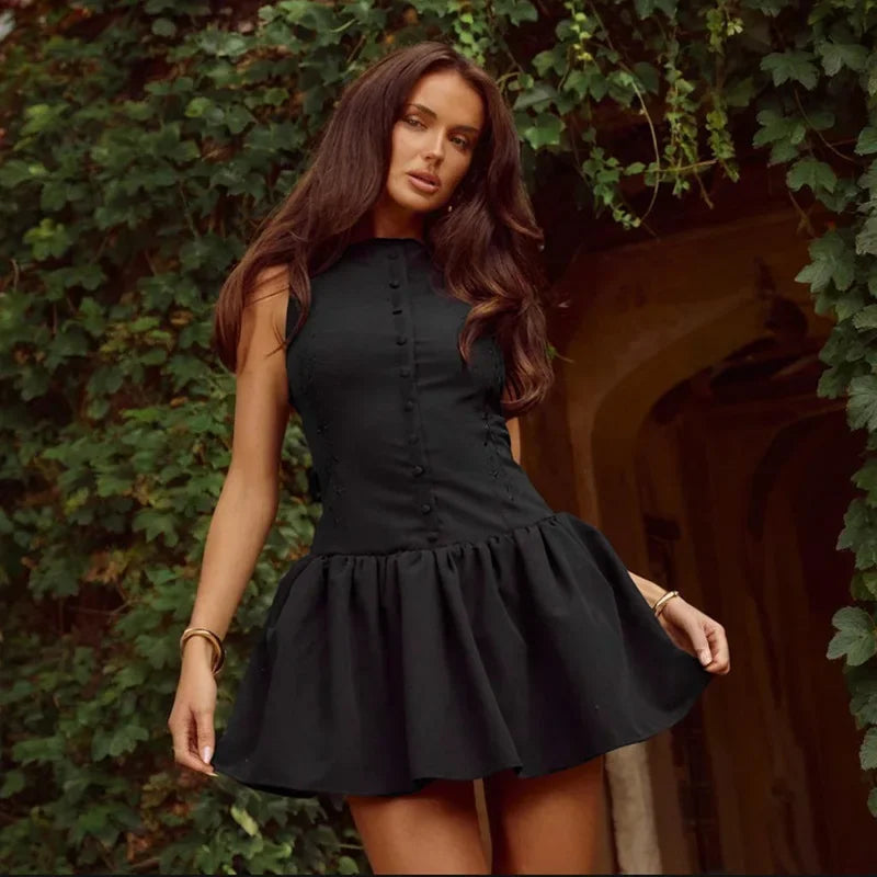 Flower Embroidered Button Mini Dress