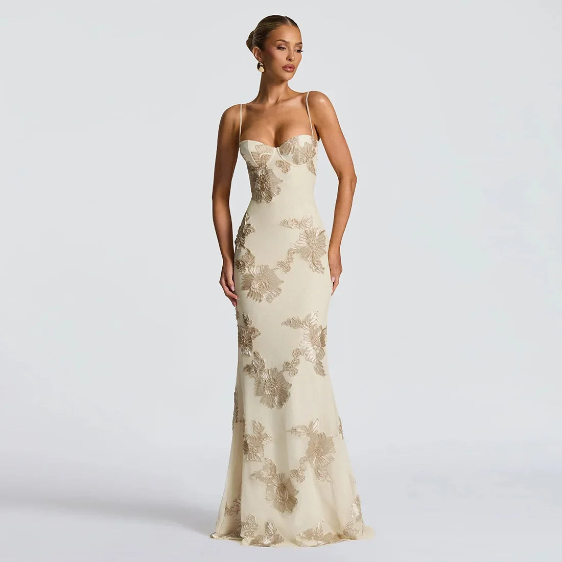 Open Back Lace Up Embroidred Flower Maxi Dress