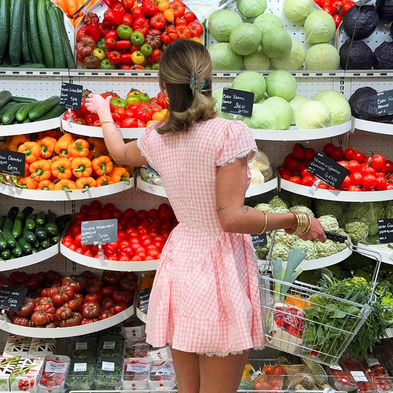 Plaid Print Puff Sleeve V-Neck Bow Flare Mini Dress