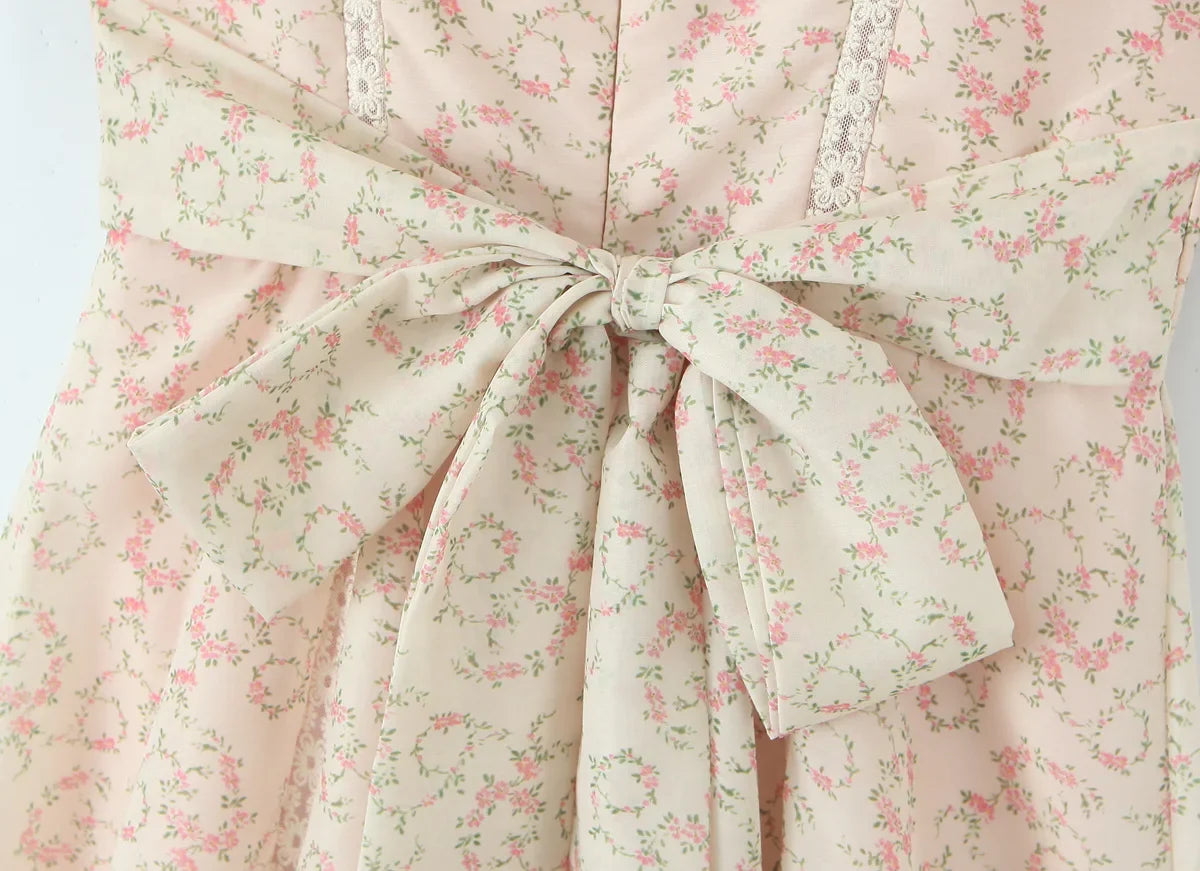 Beige Puff Sleeve Printed Mini Dress