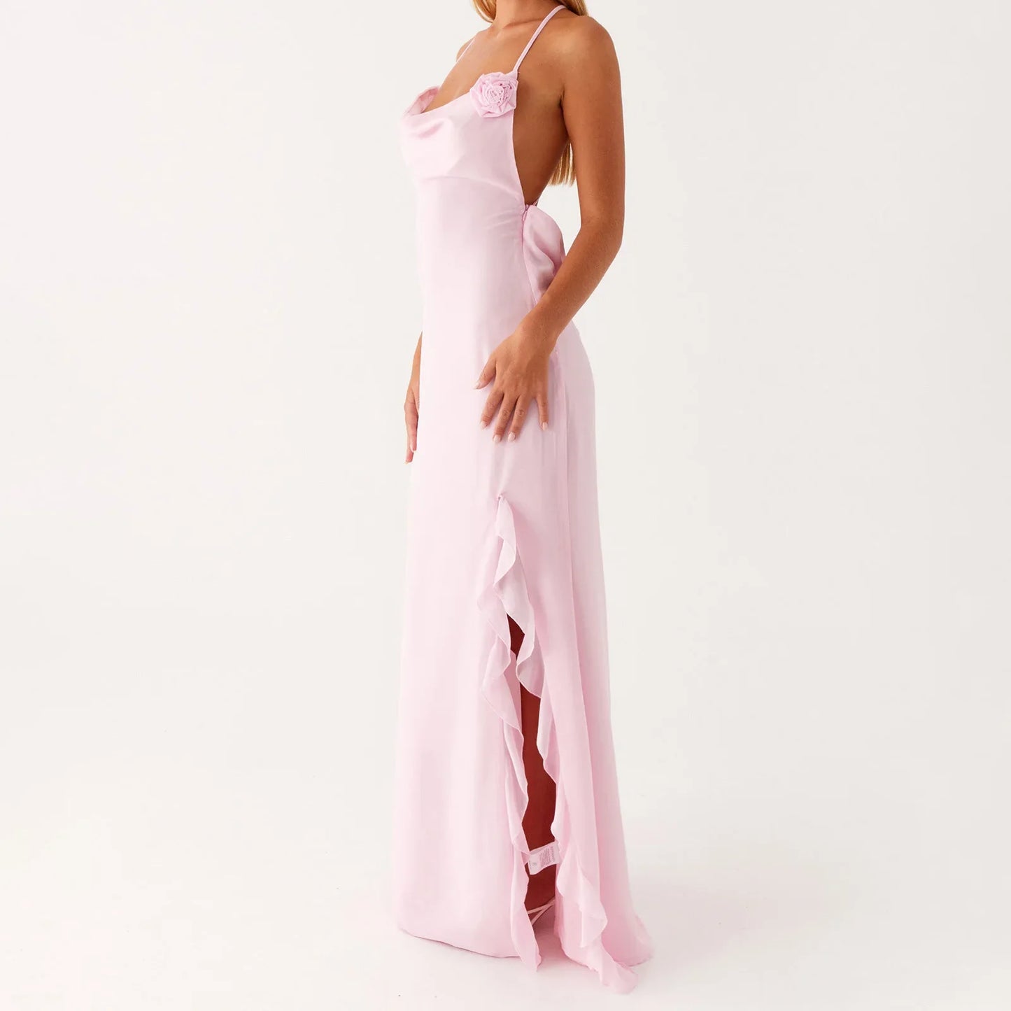 Pink Cowl 3D Flower Maxi Dress