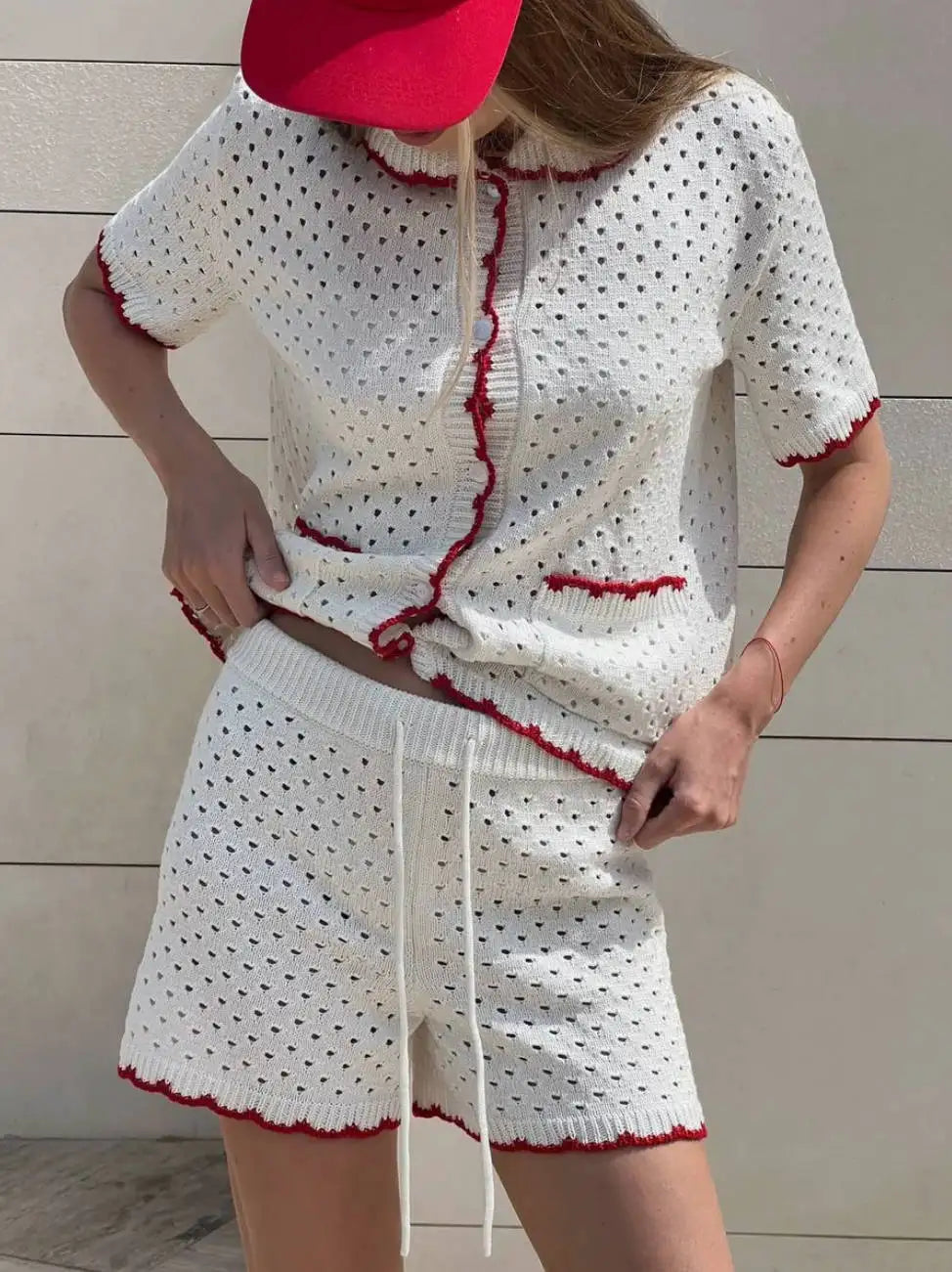 White Knitted Short Sleeve Top And Shorts Set