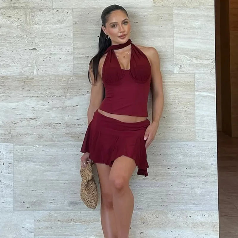 Scarf Halter Corset Top And Mini Skirt Set