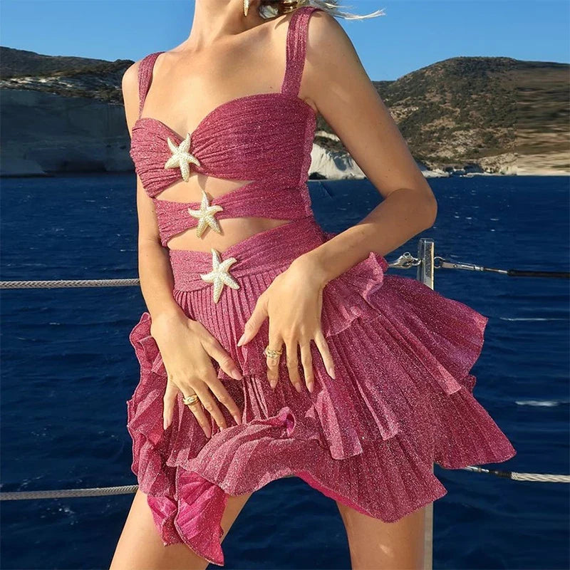 Sequin Starfish Cut Out Frill Mini Dress
