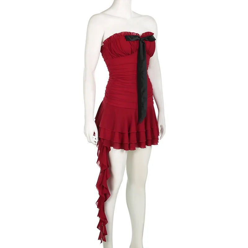 Red Tube Ruched Bow Mini Dress