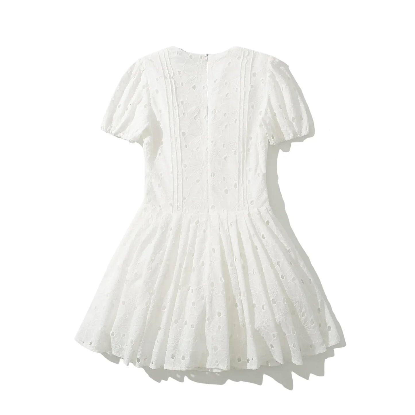 White Doily Embroidery V-Neck Short Sleeve Mini Dress
