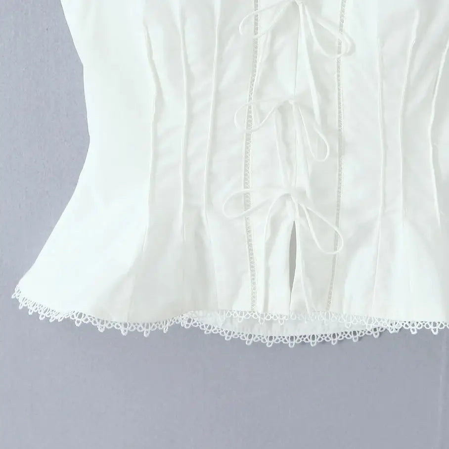 White Bow Halter V neck Button Top