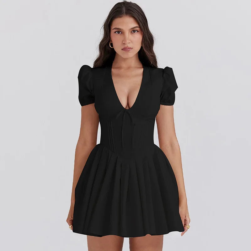 White V-neck Puff Sleeve Corset Mini Dress