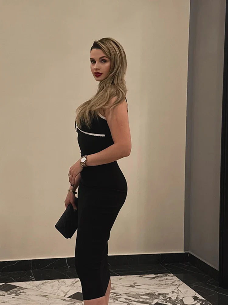Black Contrasting V-neck Knitted Long Dress