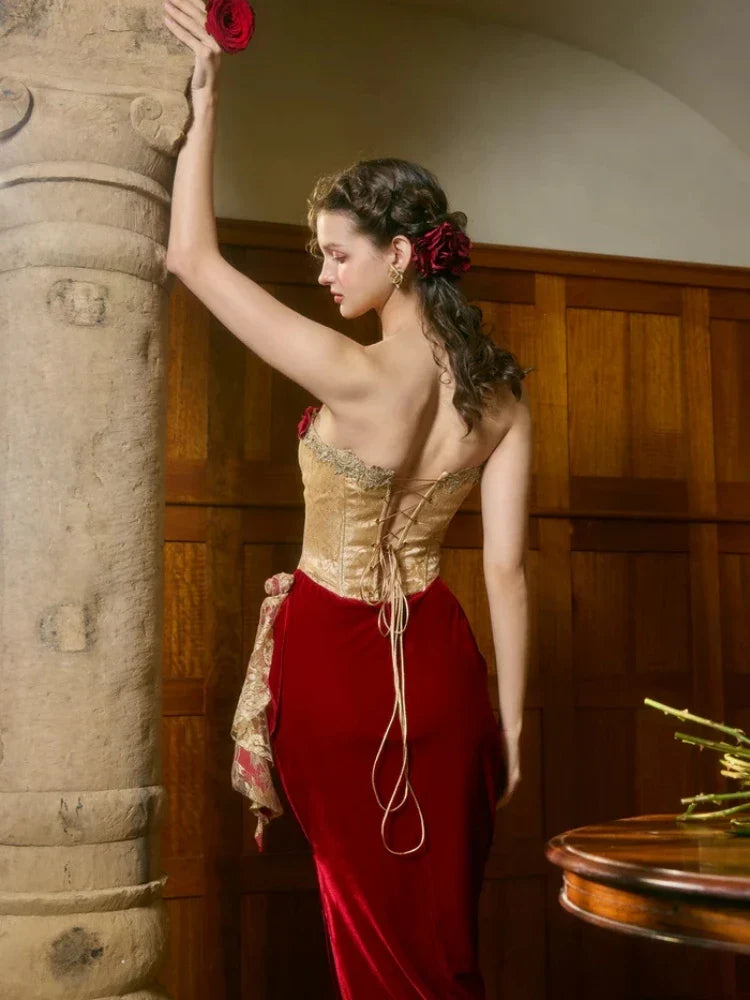 Red Drape Flower Corset Strapless Midi Dress