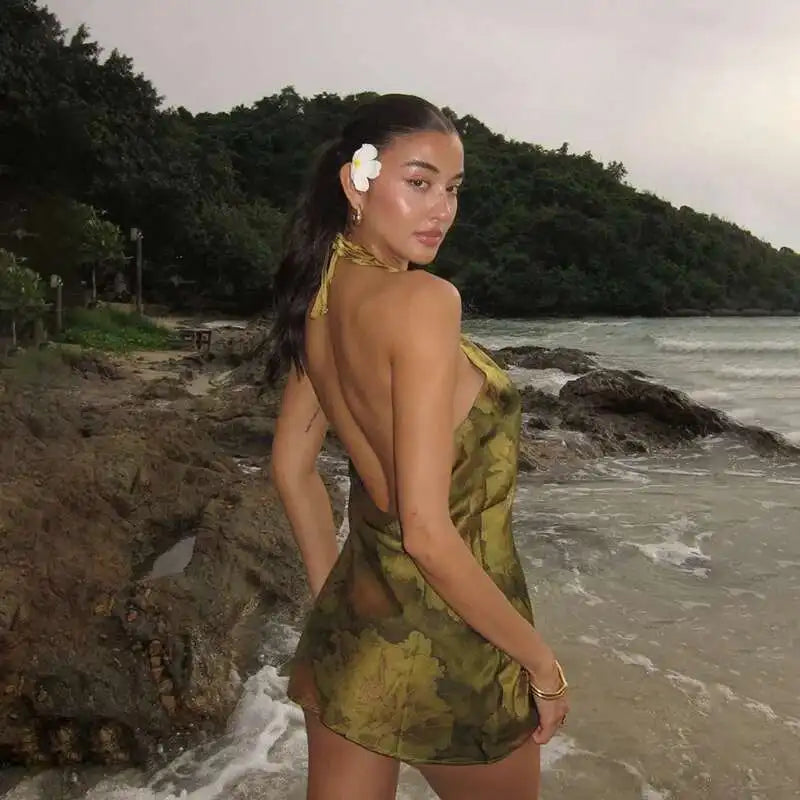 Green Printed Open Back Halter Mini Dress