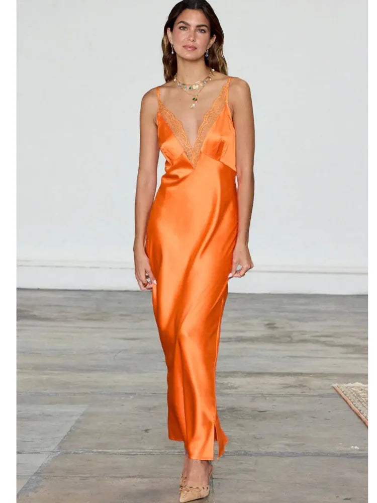 Strap Satin V-neck Long Dress