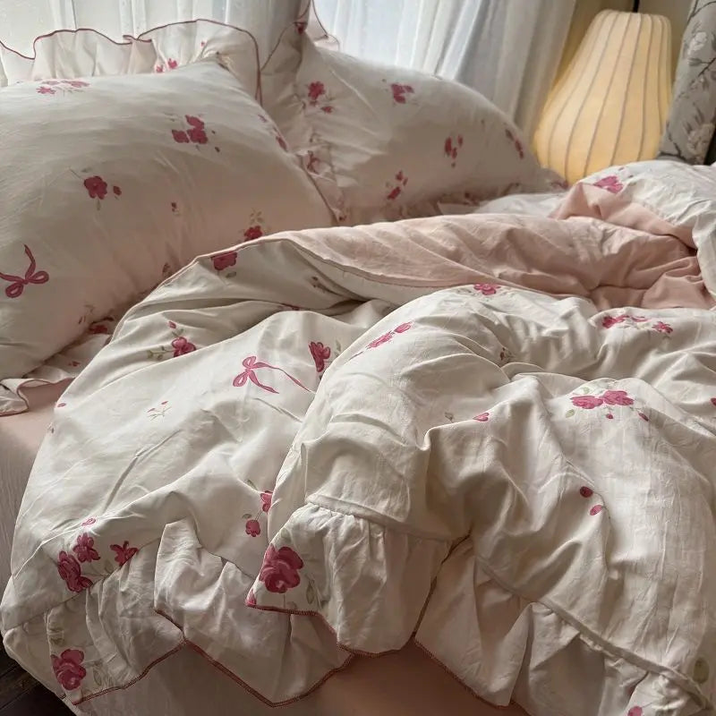 Korean Princess Duvet Cover Set Skin Friendly Wash Cotton Bedding Set Of Four Pieces Lace Bedin Set Bed Sheets Comforter Cover