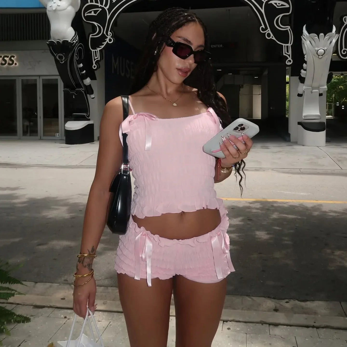 Pink Bowknot Ruched Strap Top And Shorts Set
