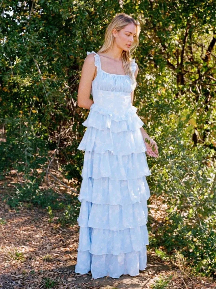 Blue Ruffles Layered Maxi Dress