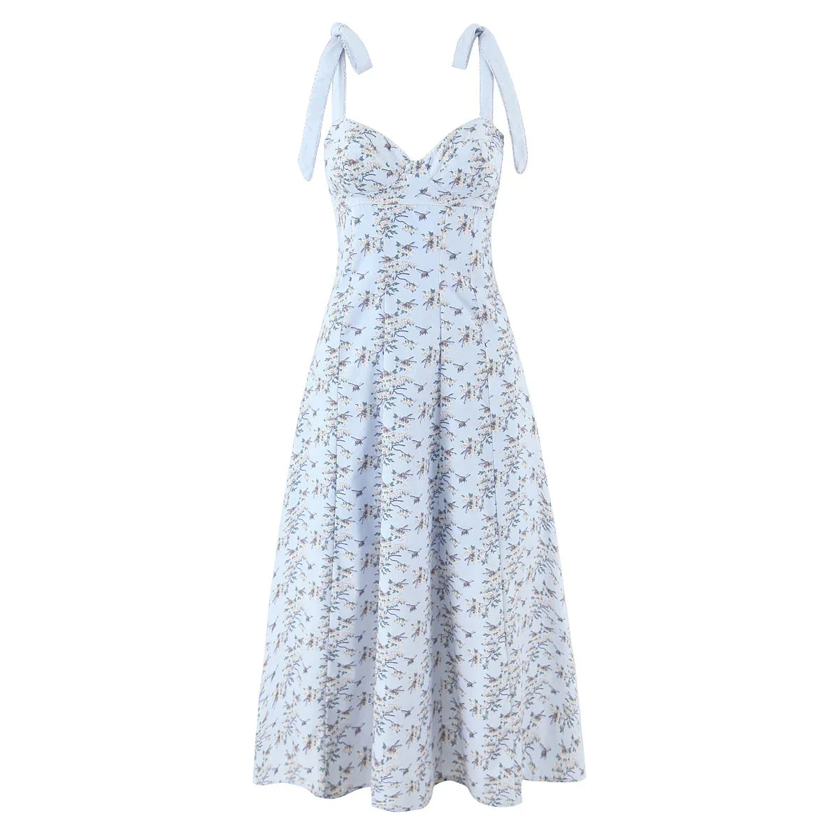 Blue Printed Midi Tie Up Dress