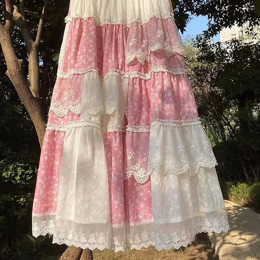 Pink Floral Lace Maxi Skirt - Y2K Loose Fit