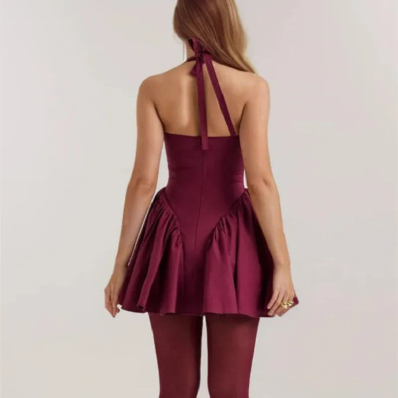 Deep Halter Neck Side Flare Mini Dress