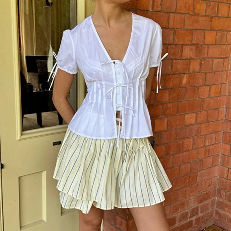 Short Sleeve Tie Up Pleated Waist Blouse