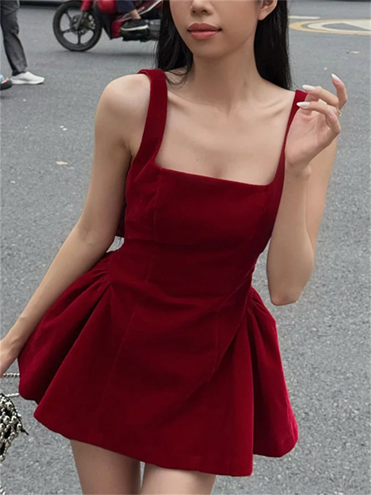Red Backless V Cut Bow Mink Dress